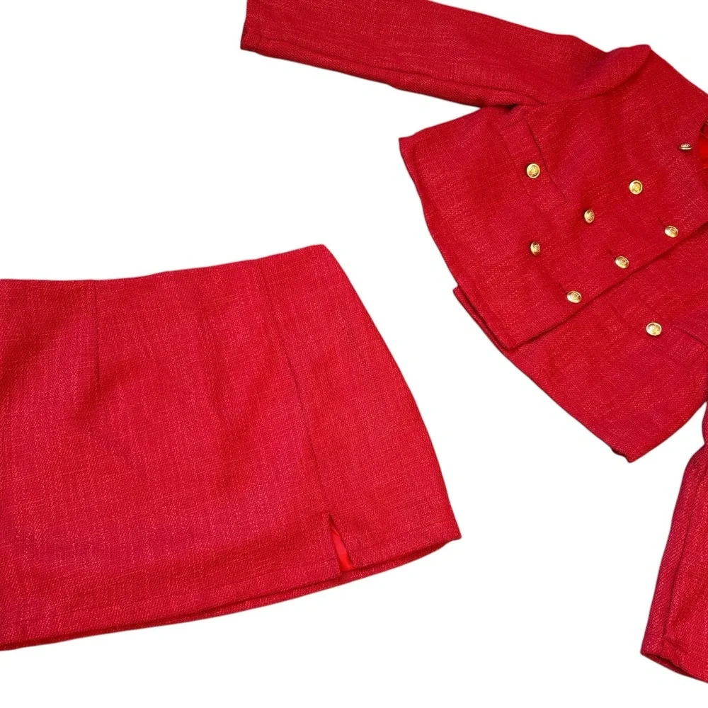 SHEIN red textured tweed two-piece skirt suit set size large